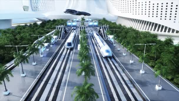 Estación futurista ferroviaria de ciencia ficción. Concepto futuro. Árboles Dinamyc. .. Vista aérea Animación realista 4k — Vídeos de Stock