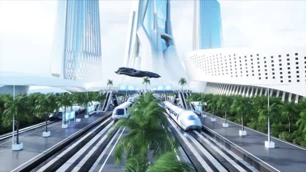 Sci Fi spoorweg futuristisch station. Toekomstconcept. Dinamysische bomen. . Luchtfoto Realistische 4k animatie — Stockvideo