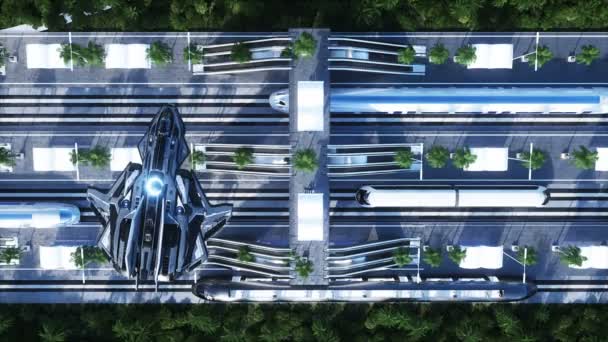 Sci Fi railway futuristic station. Future concept. Dinamyc trees. . Aerial view Realistic 4k animation — Stock Video