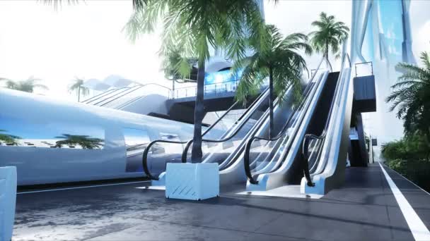 Σάι Φι σιδηροδρομικό φουτουριστικό σταθμό. Μελλοντική ιδέα. Δέντρα Δινάμικ. . Αεροφωτογραφία Ρεαλιστική 4k animation — Αρχείο Βίντεο
