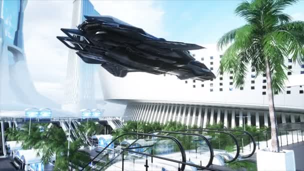 Σάι Φι σιδηροδρομικό φουτουριστικό σταθμό. Μελλοντική ιδέα. Δέντρα Δινάμικ. . Αεροφωτογραφία Ρεαλιστική 4k animation — Αρχείο Βίντεο