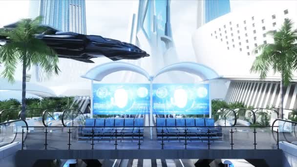 Sci Fi železniční futuristická stanice. Budoucí koncept. Dinamycké stromy. . Letecký pohled Realistická 4k animace — Stock video