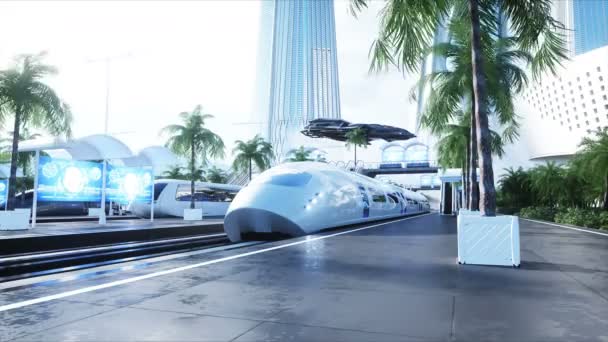 Sci Fi railway futuristic station. Future concept. Dinamyc trees. . Aerial view Realistic 4k animation — Stock Video