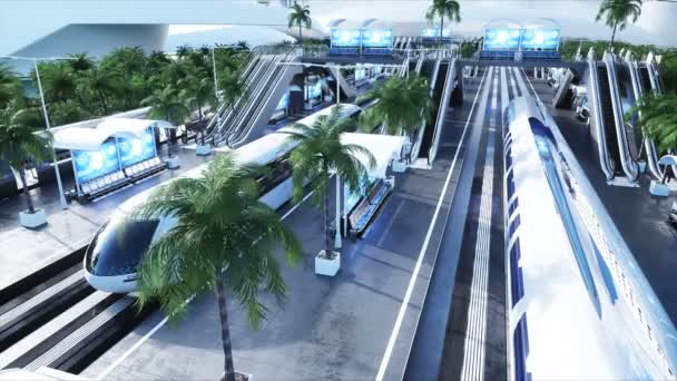 Sci Fi železniční futuristická stanice. Budoucí koncept. Dinamycké stromy. . Letecký pohled Realistická 4k animace — Stock video