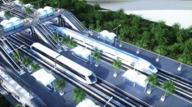 Bilim-Kurgu demiryolu gelecekteki istasyonu. Gelecek konsepti. Dinamit ağaçları. - Evet. Hava görüntüsü Gerçekçi 4k animasyonu