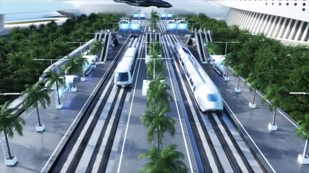 Estação futurista ferroviária Sci Fi. Conceito futuro. Dinamyc trees. .. Vista aérea Animação 4k realista — Vídeo de Stock