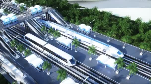 Sci Fi spoorweg futuristisch station. Toekomstconcept. Dinamysische bomen. . Luchtfoto Realistische 4k animatie — Stockvideo