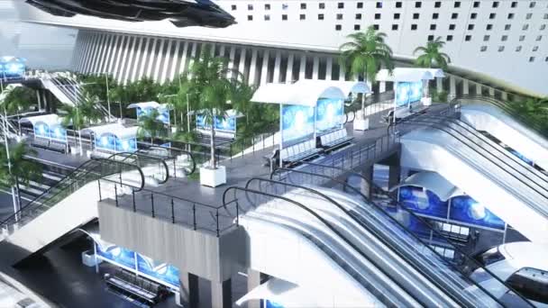 Sci Fi spoorweg futuristisch station. Toekomstconcept. Dinamysische bomen. . Luchtfoto Realistische 4k animatie — Stockvideo