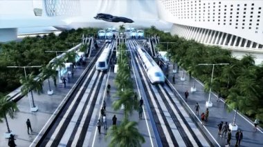 Bilim-Kurgu demiryolu gelecekteki istasyonu. Gelecek konsepti. Dinamit ağaçları. İnsan ve robot trafiği. Hava görüntüsü Gerçekçi 4k animasyonu