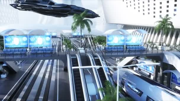 Sci Fi spoorweg futuristisch station. Toekomstconcept. Dinamysische bomen. . Luchtfoto Realistische 4k animatie — Stockvideo