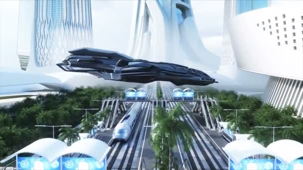 Estação futurista ferroviária Sci Fi. Conceito futuro. Dinamyc trees. .. Vista aérea Animação 4k realista — Vídeo de Stock