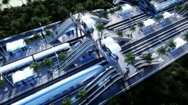 Bilim-Kurgu demiryolu gelecekteki istasyonu. Gelecek konsepti. Dinamit ağaçları. İnsan ve robot trafiği. Hava görüntüsü Gerçekçi 4k animasyonu