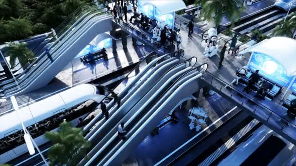 Sci Fi spoorweg futuristisch station. Toekomstconcept. Dinamysische bomen. Mensen en robotverkeer. Luchtfoto Realistische 4k animatie — Stockvideo