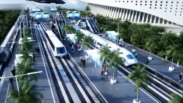 Sci Fi järnväg futuristiska station. Framtida koncept. Dinamykträd. Människor och robottrafik. Flygvy Realistisk 4k animation — Stockvideo