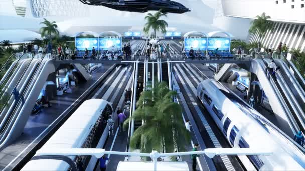 Bilim-Kurgu demiryolu gelecekteki istasyonu. Gelecek konsepti. Dinamit ağaçları. İnsan ve robot trafiği. Hava görüntüsü Gerçekçi 4k animasyonu — Stok video