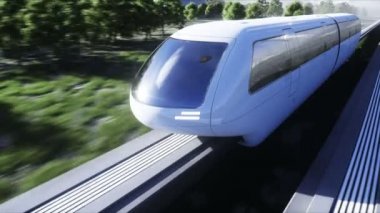 Fütürist bilim tek raylı tren. Gelecek kavramı. Gelecekçi şehir geçmişi. Çimen tarlası. 4K gerçekçi animasyon.
