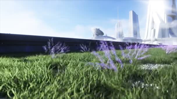 Futuristic sci fi monorail train. Concept of future. Futuristic city background. Grass field. 4K realistic animation. — Stock Video