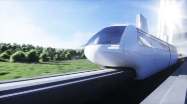 Fütürist bilim tek raylı tren. Gelecek kavramı. Gelecekçi şehir geçmişi. Çimen tarlası. 4K gerçekçi animasyon.