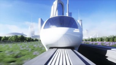 Fütürist bilim tek raylı tren. Gelecek kavramı. Gelecekçi şehir geçmişi. Çimen tarlası. 4K gerçekçi animasyon.