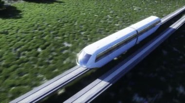 Fütürist bilim tek raylı tren. Gelecek kavramı. Gelecekçi şehir geçmişi. Çimen tarlası. 4K gerçekçi animasyon.
