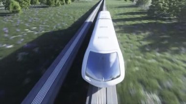 Fütürist bilim tek raylı tren. Gelecek kavramı. Gelecekçi şehir geçmişi. Çimen tarlası. 4K gerçekçi animasyon.