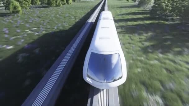 Futuristiska sci fi monorail tåg. Begreppet framtid. Futuristiska staden bakgrund. Gräsfält. 4K realistisk animation. — Stockvideo