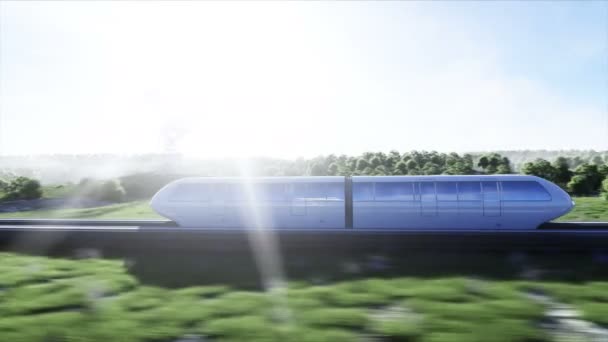 Futuristische sci fi monorail trein. Het concept van de toekomst. Futuristische stad achtergrond. Grasveld. 4K realistische animatie. — Stockvideo