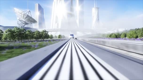 Futuristische sci fi monorail trein. Het concept van de toekomst. Futuristische stad achtergrond. Grasveld. 4K realistische animatie. — Stockvideo