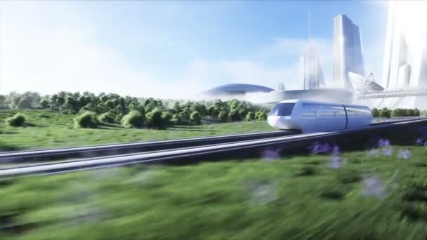 Futuristische sci fi monorail trein. Het concept van de toekomst. Futuristische stad achtergrond. Grasveld. 4K realistische animatie. — Stockvideo