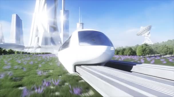 Φουτουριστικό τρένο sci fi monorail. Έννοια του μέλλοντος. Φουτουριστικό υπόβαθρο της πόλης. Χόρτο. 4K ρεαλιστική κίνηση. — Αρχείο Βίντεο