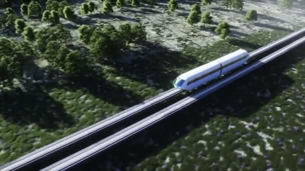 Futuristische sci fi monorail trein. Het concept van de toekomst. Futuristische stad achtergrond. Grasveld. 4K realistische animatie. — Stockvideo