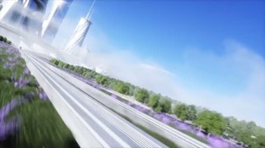 Fütürist bilim tek raylı tren. Gelecek kavramı. Gelecekçi şehir geçmişi. Çimen tarlası. 4K gerçekçi animasyon.