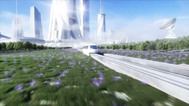 Futuristische sci fi monorail trein. Het concept van de toekomst. Futuristische stad achtergrond. Grasveld. 4K realistische animatie. — Stockvideo