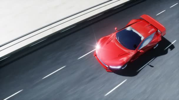 高速道路上の未来的な赤い電気自動車の3Dモデル。非常に速い運転。未来のコンセプト。現実的な4kアニメーション. — ストック動画