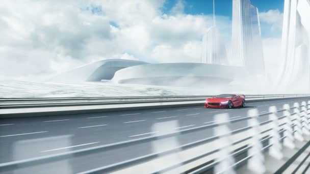 Modello 3d di futuristica auto elettrica rossa in autostrada. Guida molto veloce. Concetto futuro. Animazione realistica 4k. — Video Stock
