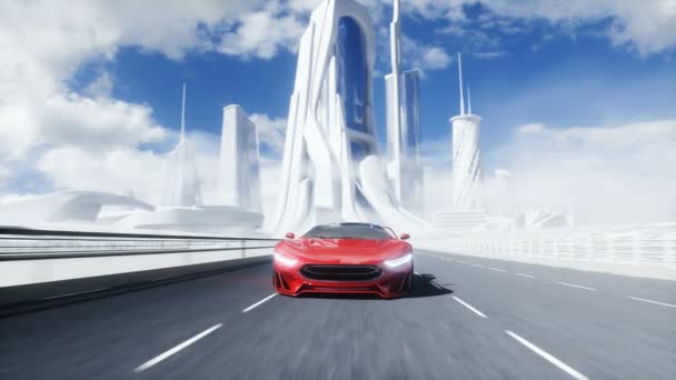 Modelo 3d de coche eléctrico rojo futurista en la carretera. Conduce muy rápido. Concepto futuro. Animación realista 4k . — Vídeos de Stock