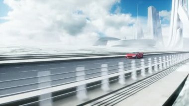 Otobanda 3D fütürist kırmızı elektrikli araba modeli. Çok hızlı sürüyorsun. Gelecek konsepti. Gerçekçi 4k animasyonu.