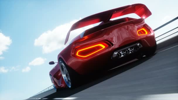 3D-modell av futuristisk röd elbil på motorvägen. Mycket snabb körning. Framtida koncept. Realistisk 4k-animation. — Stockvideo