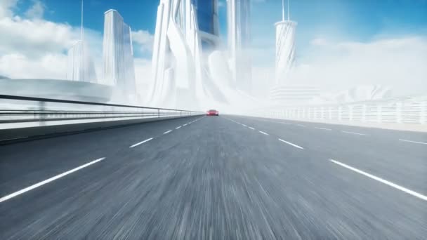 Modelo 3d de coche eléctrico rojo futurista en la carretera. Conduce muy rápido. Concepto futuro. Animación realista 4k . — Vídeos de Stock