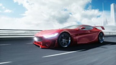 Otobanda 3D fütürist kırmızı elektrikli araba modeli. Çok hızlı sürüyorsun. Gelecek konsepti. Gerçekçi 4k animasyonu.