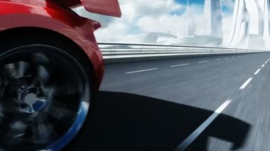 Otobanda 3D fütürist kırmızı elektrikli araba modeli. Çok hızlı sürüyorsun. Gelecek konsepti. Gerçekçi 4k animasyonu.