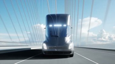 Köprüde gelecekteki elektrikli kamyonun 3D modeli. Elektrikli otomobil. Gerçekçi 4k animasyonu.