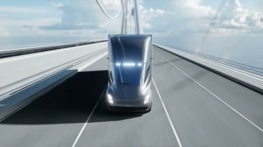 Köprüde gelecekteki elektrikli kamyonun 3D modeli. Elektrikli otomobil. Gerçekçi 4k animasyonu.
