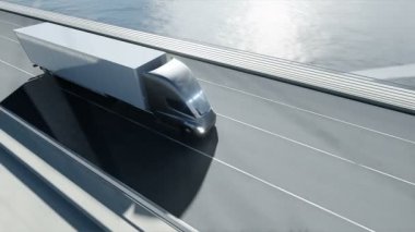 Köprüde gelecekteki elektrikli kamyonun 3D modeli. Elektrikli otomobil. Gerçekçi 4k animasyonu.