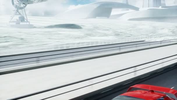 3D-Modell eines futuristischen roten Elektroautos auf der Autobahn. Sehr schnelles Fahren. Zukunftskonzept. Realistische 4k-Animation. — Stockvideo