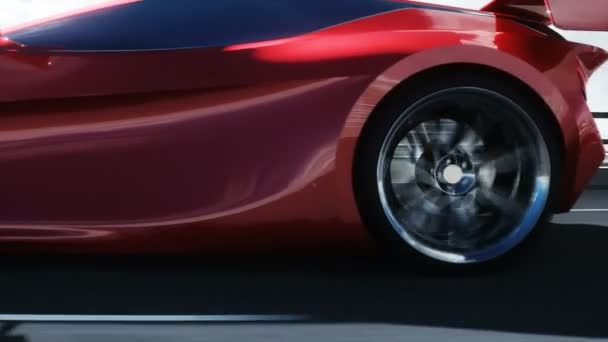 3d 모델의 미래 형빨간 전기 자동차가고 속도로를달리고 있습니다. 아주 빠른 운전이죠. 미래 개념. 현실적 인 4k 애니메이션. — 비디오