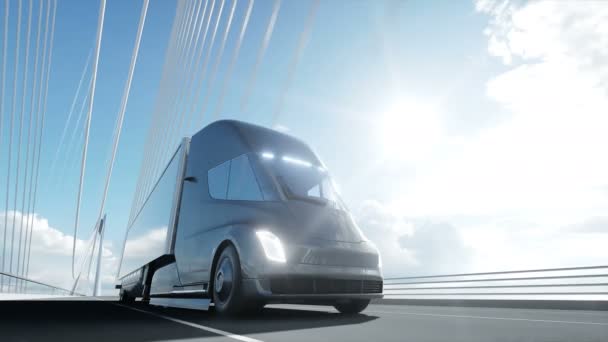 3D-s modell futurisztikus elektromos teherautó a hídon. Elektromos autó. Realisztikus 4k animáció. — Stock videók
