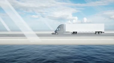Köprüde gelecekteki elektrikli kamyonun 3D modeli. Elektrikli otomobil. Gerçekçi 4k animasyonu.