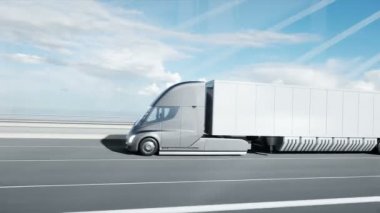 Köprüde gelecekteki elektrikli kamyonun 3D modeli. Elektrikli otomobil. Gerçekçi 4k animasyonu.