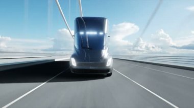 Köprüde gelecekteki elektrikli kamyonun 3D modeli. Elektrikli otomobil. Gerçekçi 4k animasyonu.